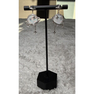 Melinda Maria White Kyocera Opal Celestial Saturn Dangle Silver Earrings